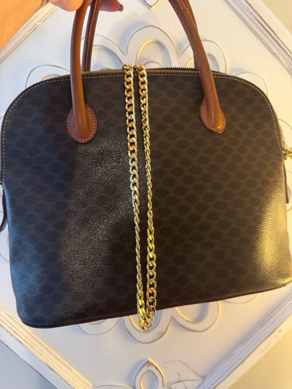 CELINE Macadam Patterned Done Satchel Handbag Vintage - Picture 6 of 14